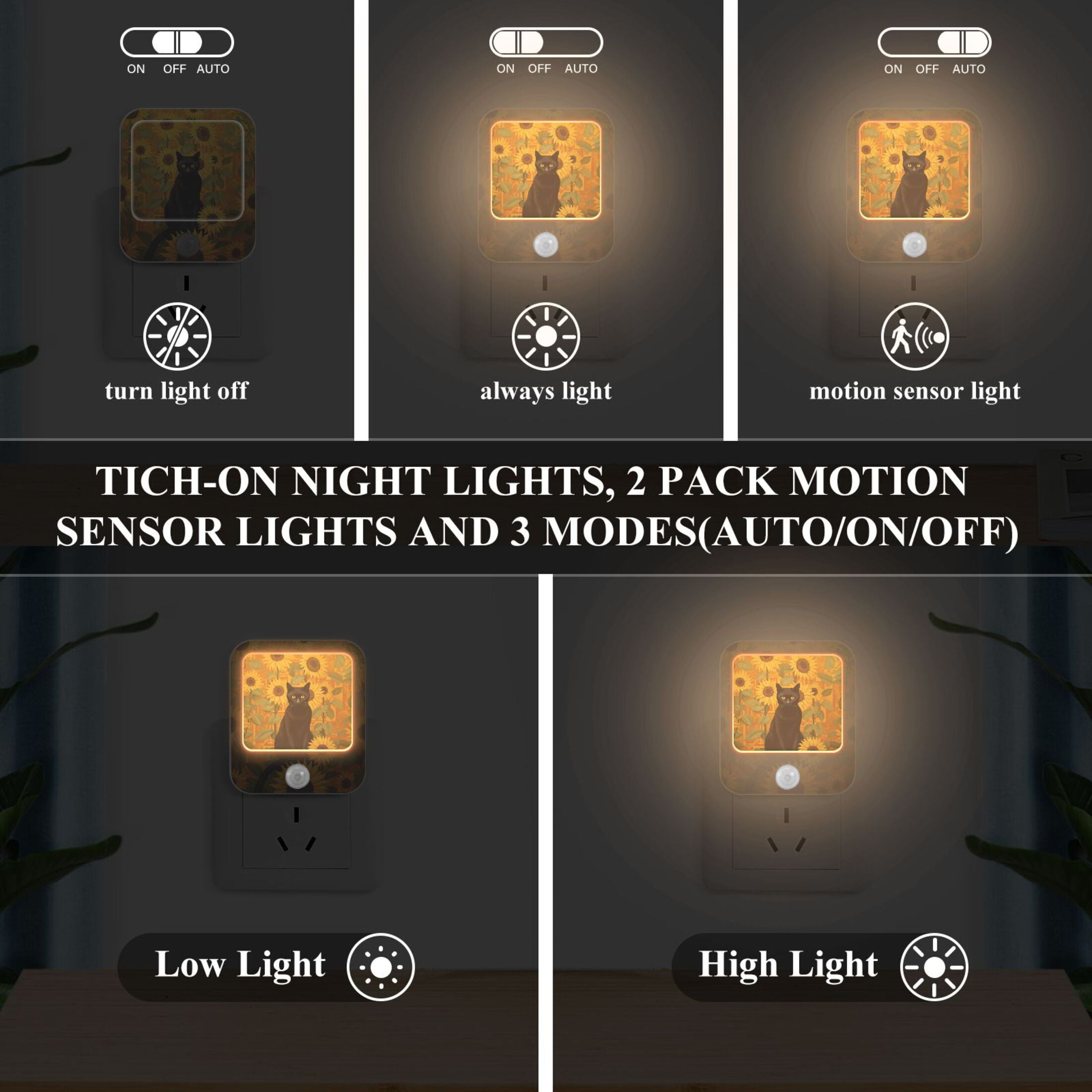 Cat Sunflowers Night Lights Plug into Wall LED with Auto Light Sensor Warm Light for Kids Hallway Bedroom Living Room Kitchen Bathroom Set of 2