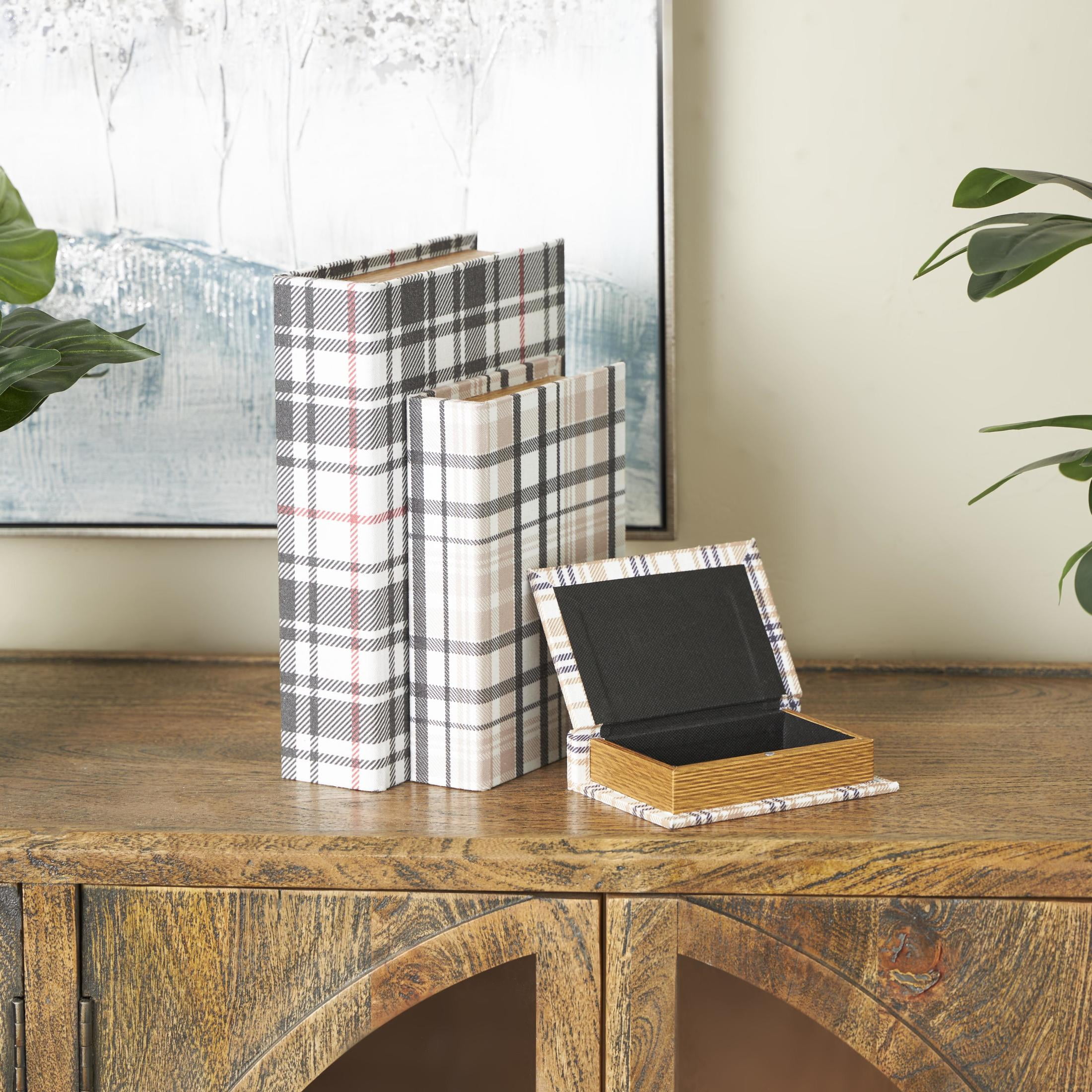 DecMode Geometric Plaid Faux Book Storage Multi Colored Canvas Decorative Box with Red and Purple Accents, 3 Count