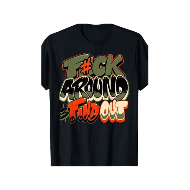 olive army Men's Casual Graphic T-Shirt - Black With Bold "F@#K aRouND & FiND ouT" Graffiti Print, Geometric Pattern, Regular Fit, Machine Washable, all-Season Comfort, Military T Shirts