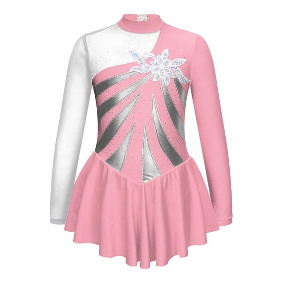 YONGHS Kids Girls Sequins Mock Neck Roller Figure Ice Skating Dress Gymnastic Leotard Pink 14