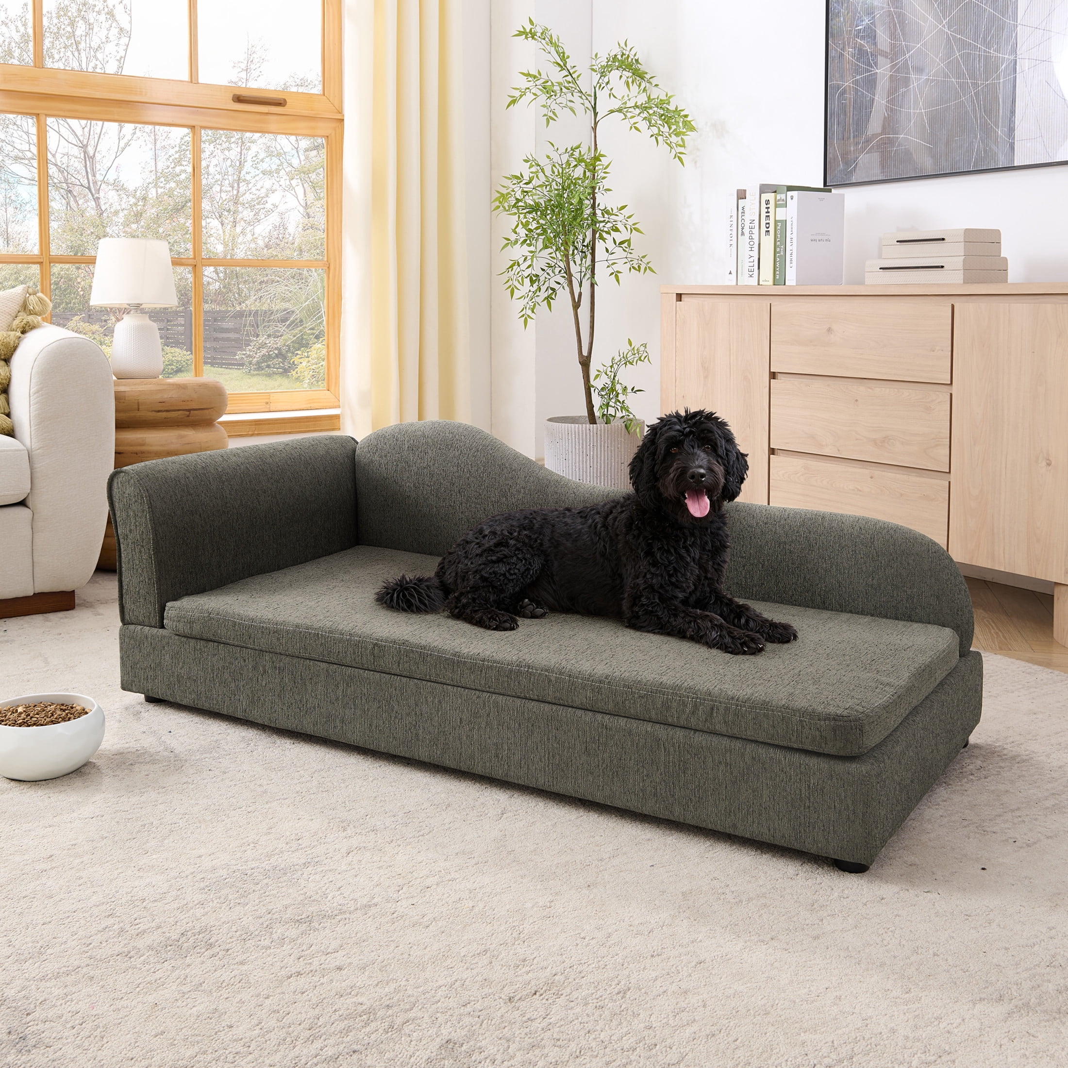 Noble House 55" Linen Upholstered Oversized Pet Sofa, Irregular Wave Backrest Dog Bed with Single Armrest, Dark Gray