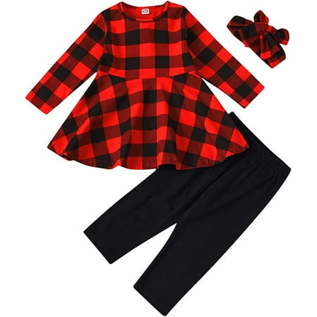

WISWELL Toddler Infant Baby Girls Christmas Outfits Long Sleeve Plaid Tunic Shirts Dress Tops +Long Pants+Headband 3Pcs Xmas Clothes Set 12-18 Months