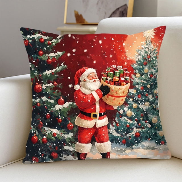 decoraciones navideñas, adornos navideños, regalos navideños, funda de almohada con estampado navideño, almohada para sofá, decoración europea y festiva, funda de cojín para la cintura, funda de almoh: funda de cojín roja 45x45 cm con estampado frontal de Papá Noel sosteniendo una bolsa de regalos entre dos árboles de Navidad con esferas rojas y nieve; tejido terciopelo melocotón con bordado visible, vista centrada sobre sofá claro; ideal para sala o dormitorio y como regalo festivo, también adecuada como cojín lumbar decorativo.