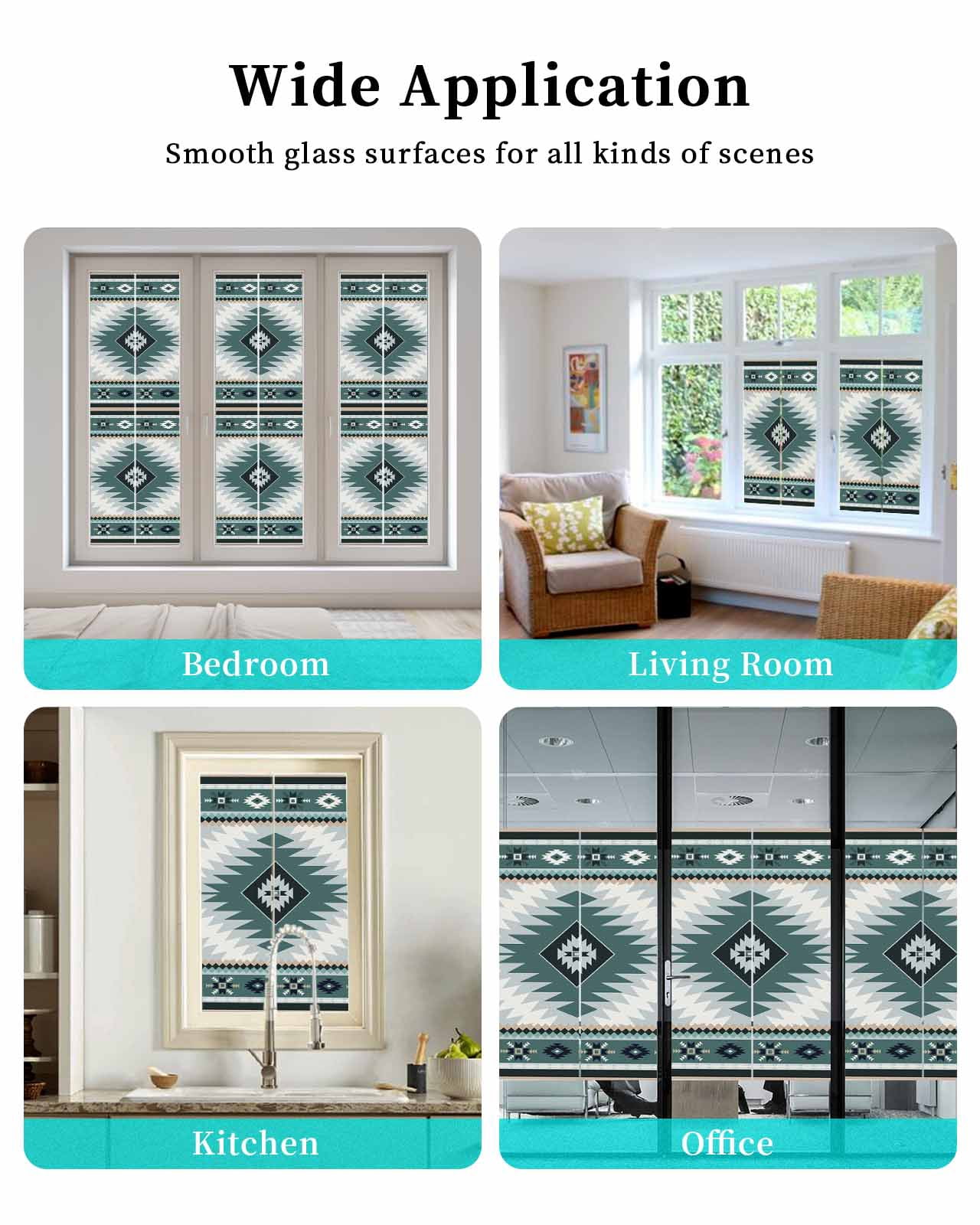 Window Privacy Film Teal Gray Boho Stained Glass Window Film Decorative Sun Block Window Cover Southwestern Ethnic Abstract Geometric Window Clings Static Adhesive Sticker for Bathroom 23.6"x78.7"