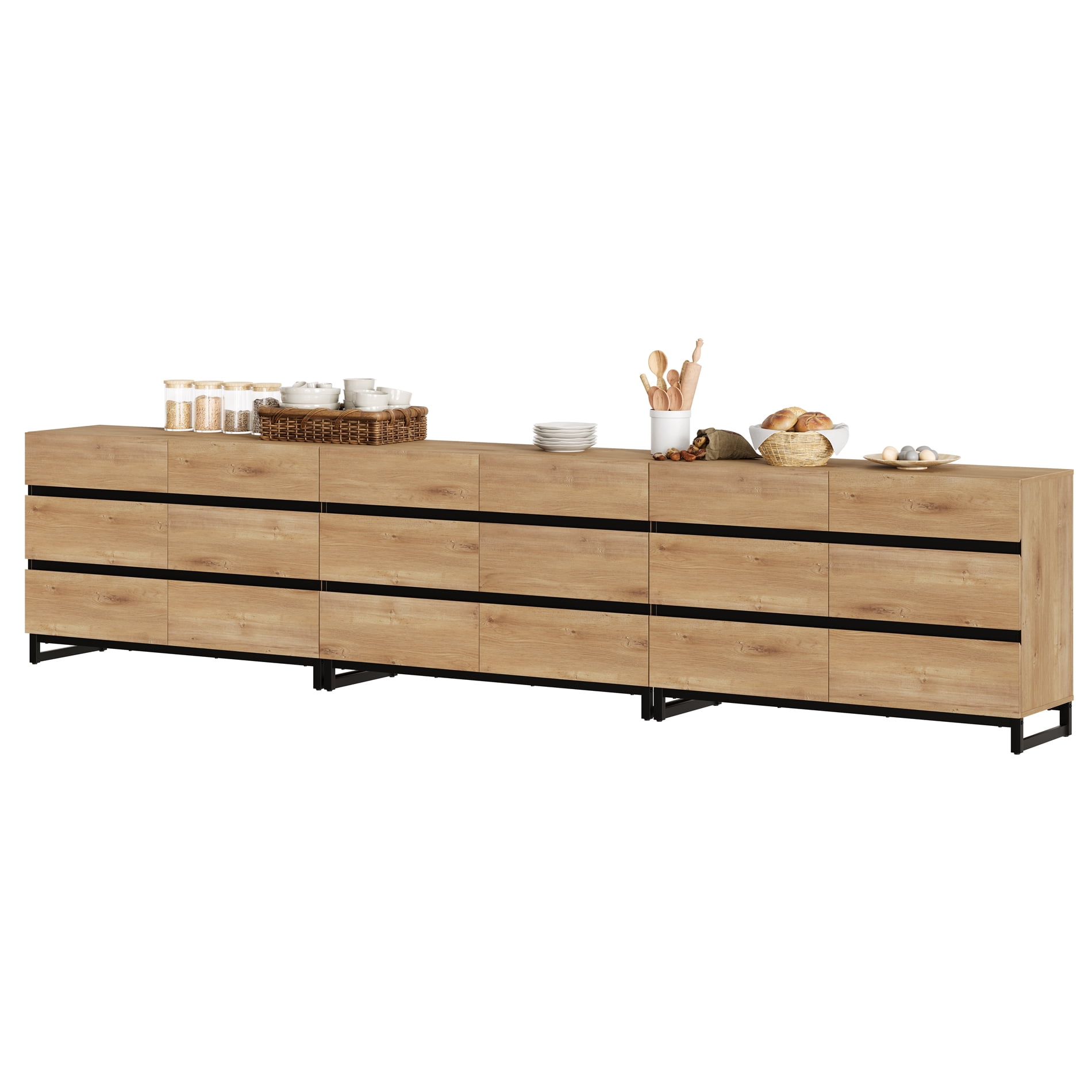 WAMPAT 18-Drawer Modern Chest of Drawers, Wooden Dresser with Concealed Handles & Metal Base, Closet Organizer for Bedroom, Living Room,Oak