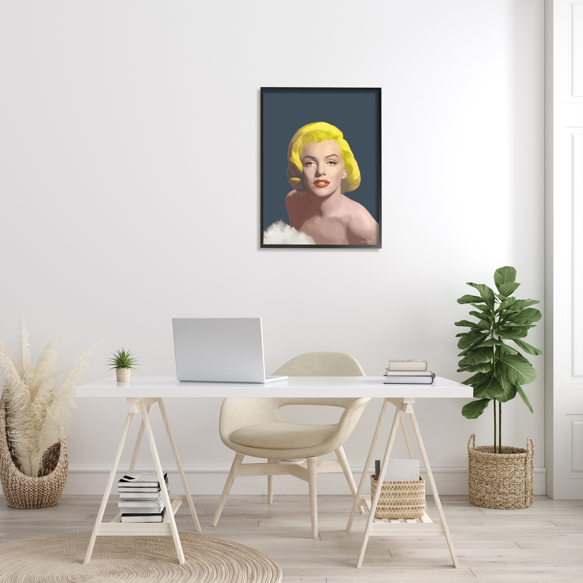 Stupell Industries Blonde Pop Vintage Marilyn Fashion Icon over Blue Beauty & Fashion Painting Black Framed Art Print Wall Art, 24 x 30
