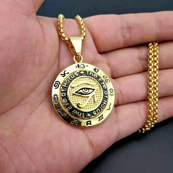 Mens 14K Yellow Gold Pendant Necklace Eygptian Eye of Horus Male Suspention Chain