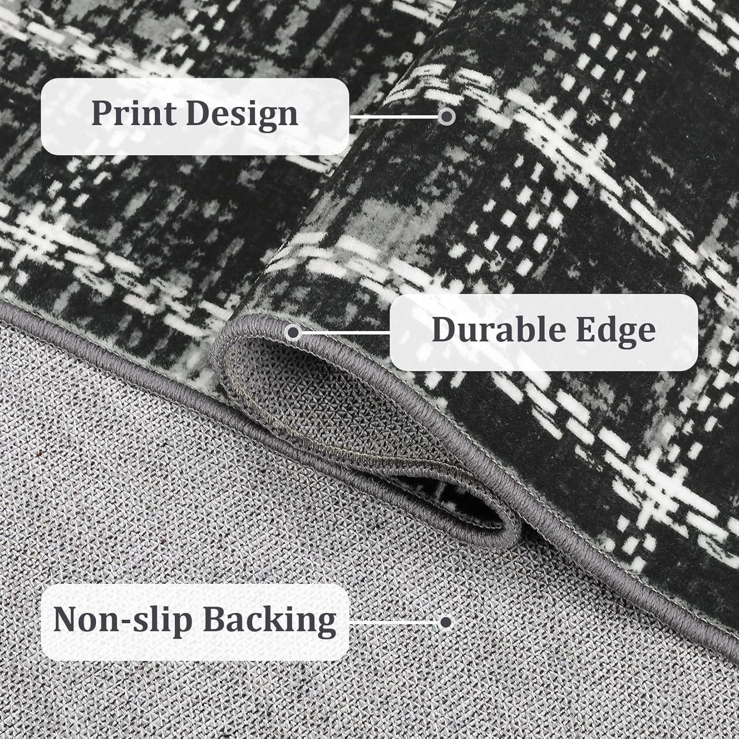 Twister.CK 3' x 5' Plaid Area Rugs, Modern Washable Stain-Resistant Carpet, Non Slip Indoor Rug for Living Room Dining Room Office, Black