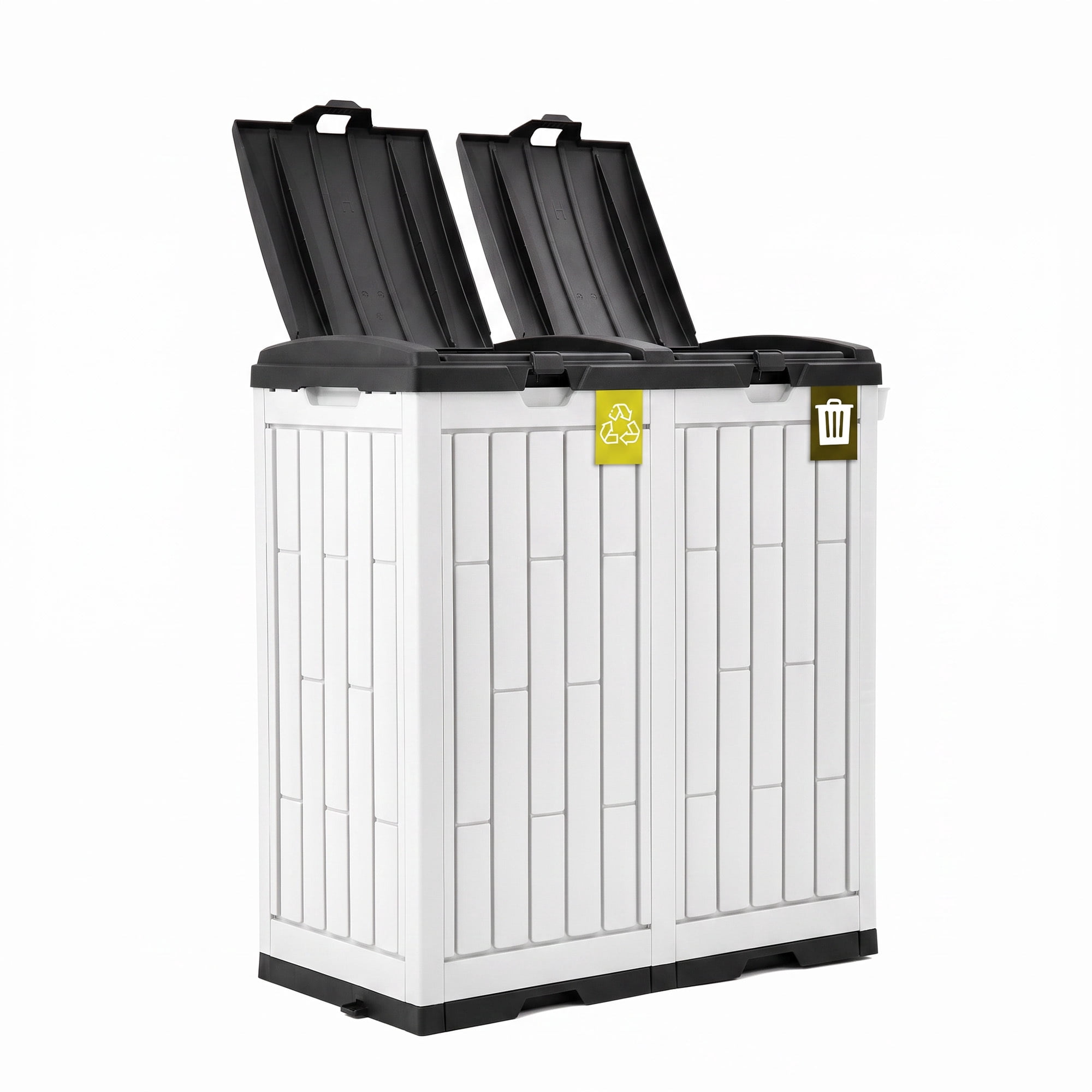 Uforic 76 Gallon Outdoor Trash Can, Resin Garbage Bin with Sorting Labels, Ash Holder, Lid, Stakes & Suction Cups for Patio Backyard Garden, White