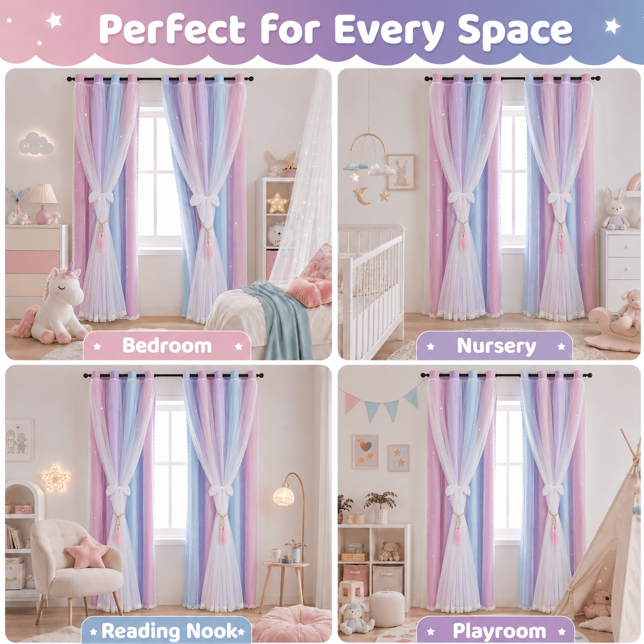 DONGPAI Blackout Stars Curtains for Kids Girls Bedroom Double Layers Star Cut Out Rainbow Curtains Home Window Decoration Curtain, 51" x 63", 1 Panel