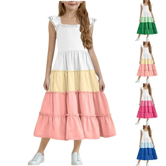 Summer Savings Bovxnpu Summer Girls Dresses, Girls Casual Flowy Dress Beach Sundress Midi Dress, Girls Short Sleeve Round Neck Ruffle Dress Princess Skirt 7 Years