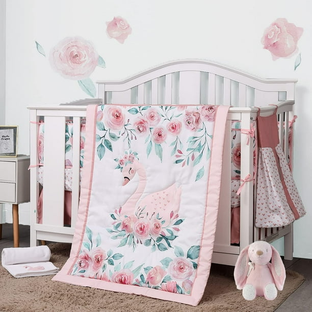 Sweet Baba Pink Swan Crib Bedding Set For Baby Girls, 5 PC Crib Set