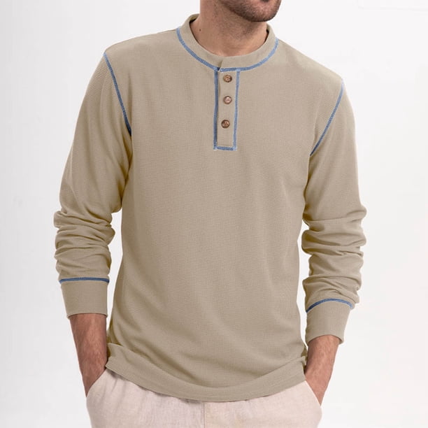 pstuiky camisetas de manga larga para hombre, Sudadera informal de color liso con botones y manga larga y cuello redondo para hombre camisetas de hombre l