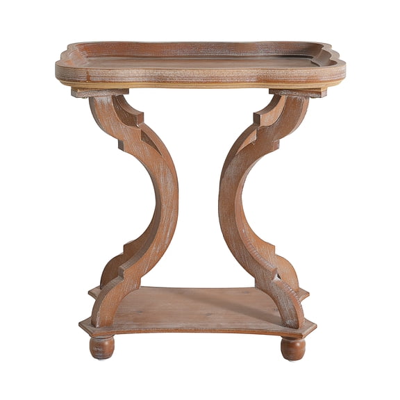 End Table, Natural Fir Wood French Country Accent Table with Hourglass Base and Lipped Rectangular Top, Rustic Carved Design for Living Room, 22.00” W x 14.50” D x 24.25” H