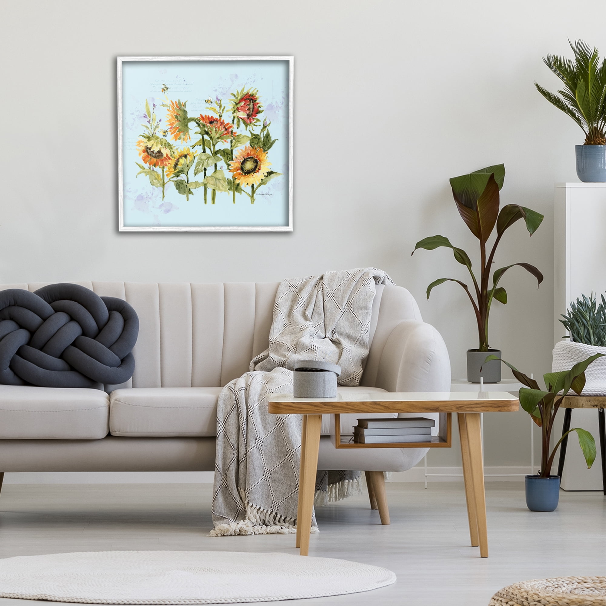 Stupell Industries Sunflowers & Bee on Blue White Framed Giclee Art, design by Susan Winget