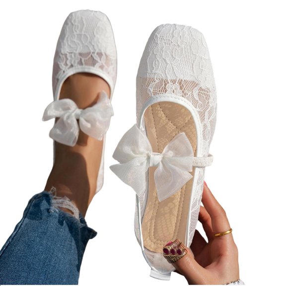 Gpaecead Women's Bow Lace Mary Jane Flats Square Toe Breathable Mesh Non Slip Shoes For Summer And Casual, White