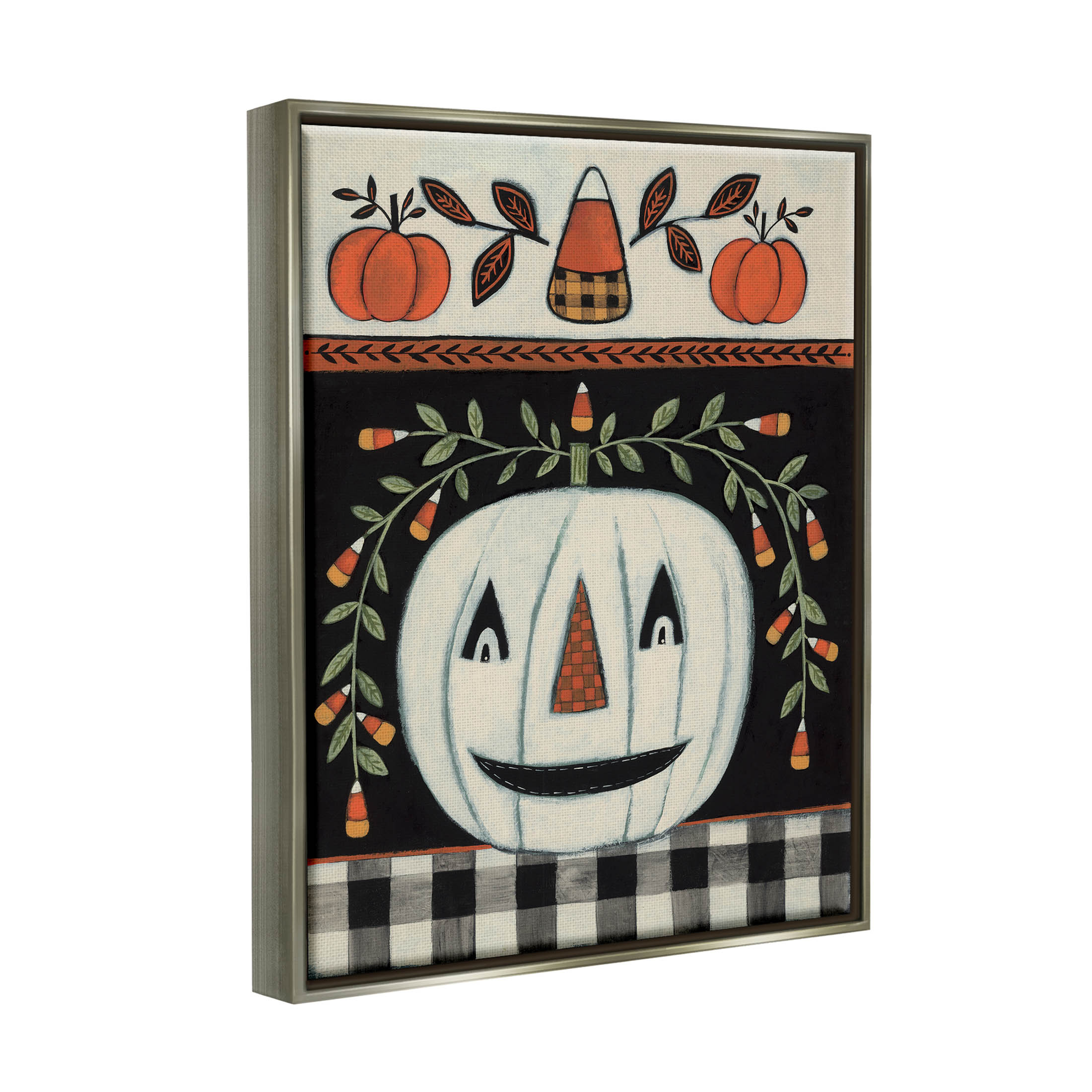 Fall Jack-o-Lantern Tartan Pattern Holiday Graphic Art Luster Gray Framed Art Print Wall Art