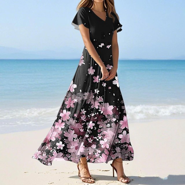 WILLBEST Vestidos con Curvas para Mujer Vestido de Verano para Mujer Vestido Vintage de Longitud Media con Estampado Floral Manga Corta Cuello En V Primavera 569 Grande