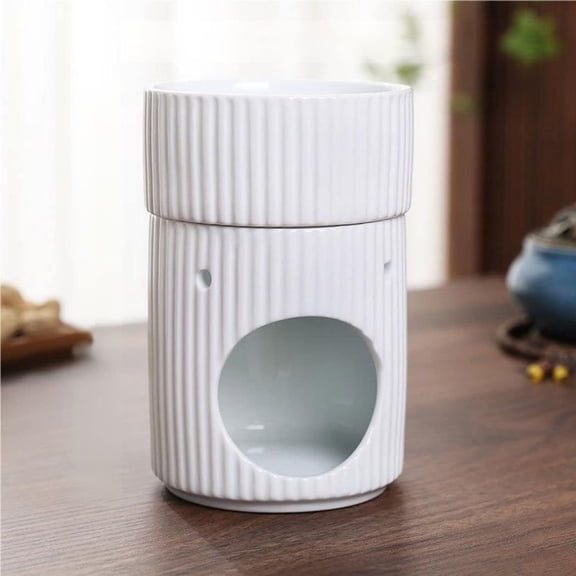 Warmself Stylish Stripe Design Ceramic Tealight Candle Holder Oil Burner, Essential Oil Incense Aroma Diffuser Furnace Home Decoration Romantic White