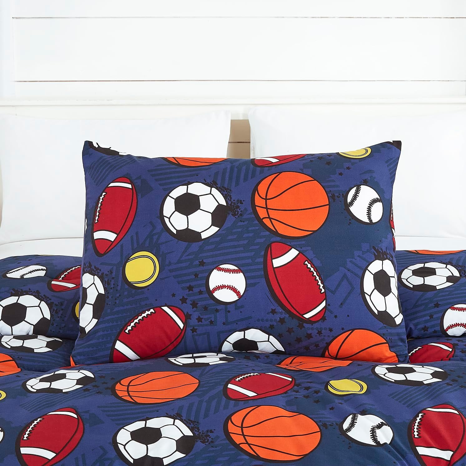 Chezmoi Collection 3-Piece Kids Sports Balls Bedding Comforter Set Twin Size - Soft Microfiber Navy Blue Gray Orange White Printed Football Soccer Basketball Baseball Tennis Sports