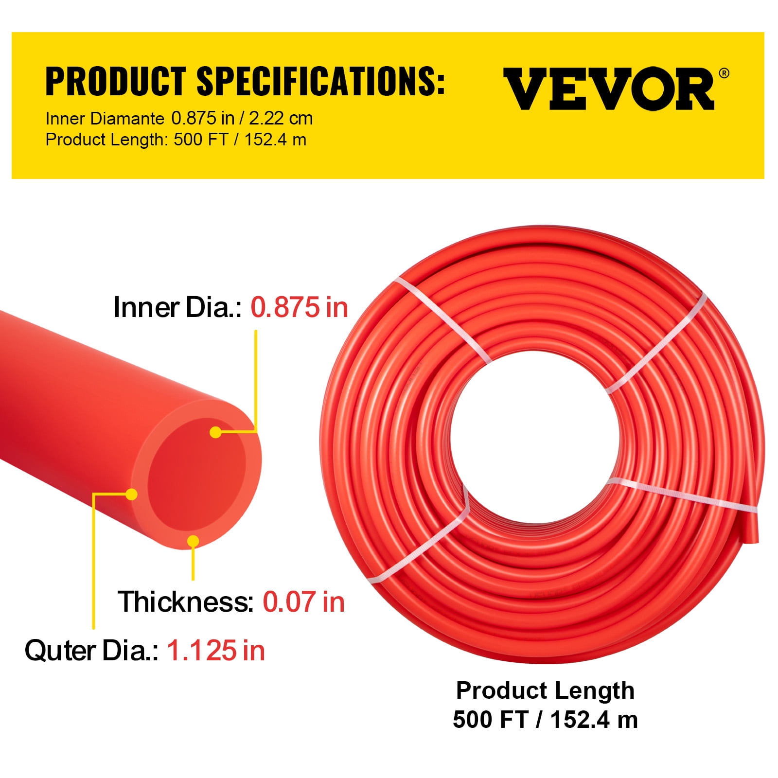 VEVOR PEX Tubing, 0.875 inch x 500 ft PEX Pipe, Non Oxygen Barrier PEX-B Pipe White, Flexible PEX Water Line for Plumbing