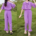 thumbnail image 3 of Odeerbi Kids Girls 2 Piece Outfits Ruffle Tops Pants Set Summer Clothes Spring Cute Solid Color Long Sleeve Comfy V-Neck Blouses Pants Set Purple, 3 of 5