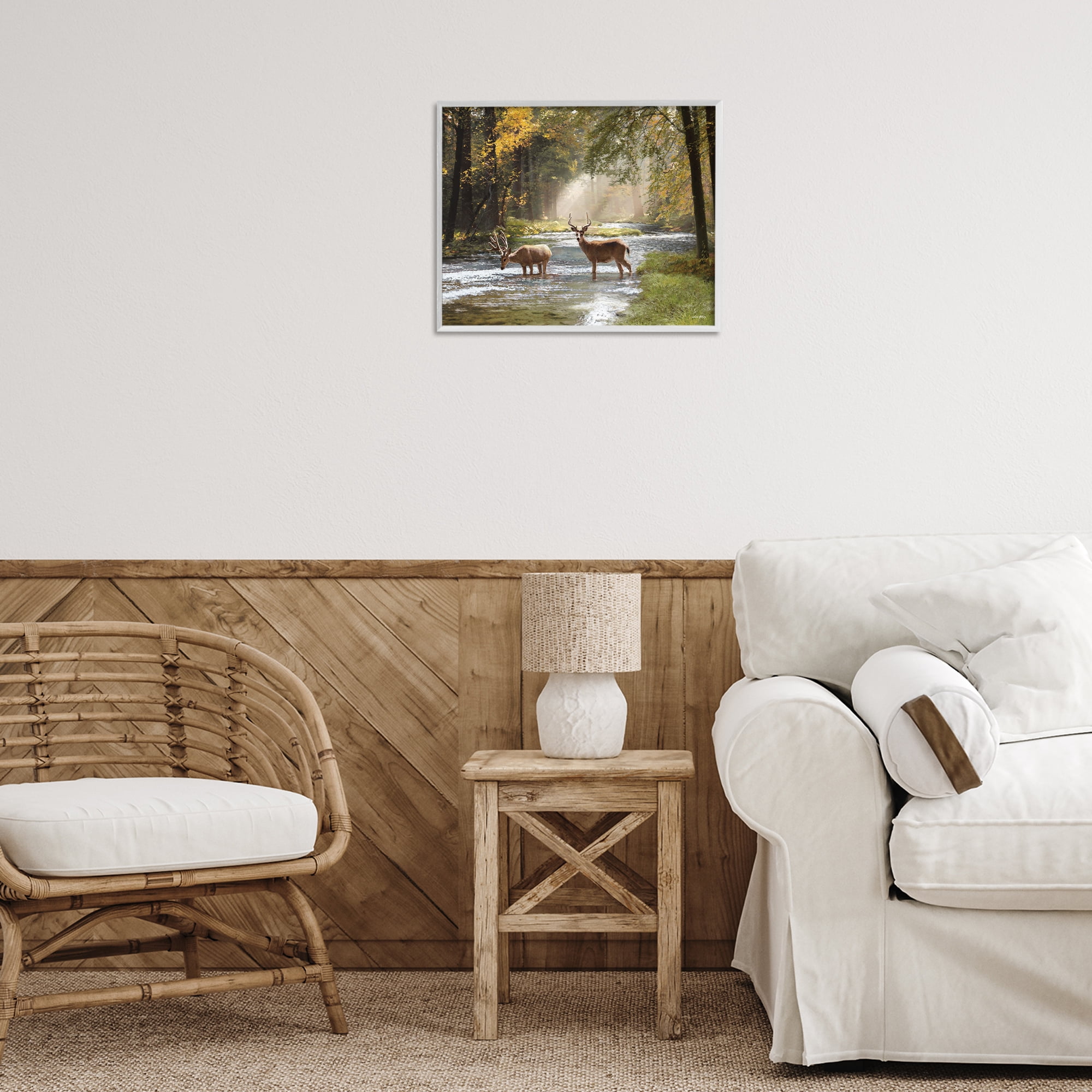 Stupell Industries Deer Grazing in Creek Landscape Painting White Framed Art Print Wall Art, 20 x 16