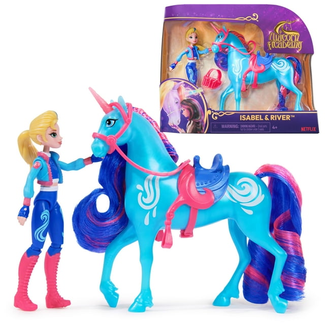 Unicorn Academy, Isabel & River Set con 2 accesorios para montar y herramienta para peinar el cabello, muñecas y juguetes de unicornio para niñas de 4 años en adelante