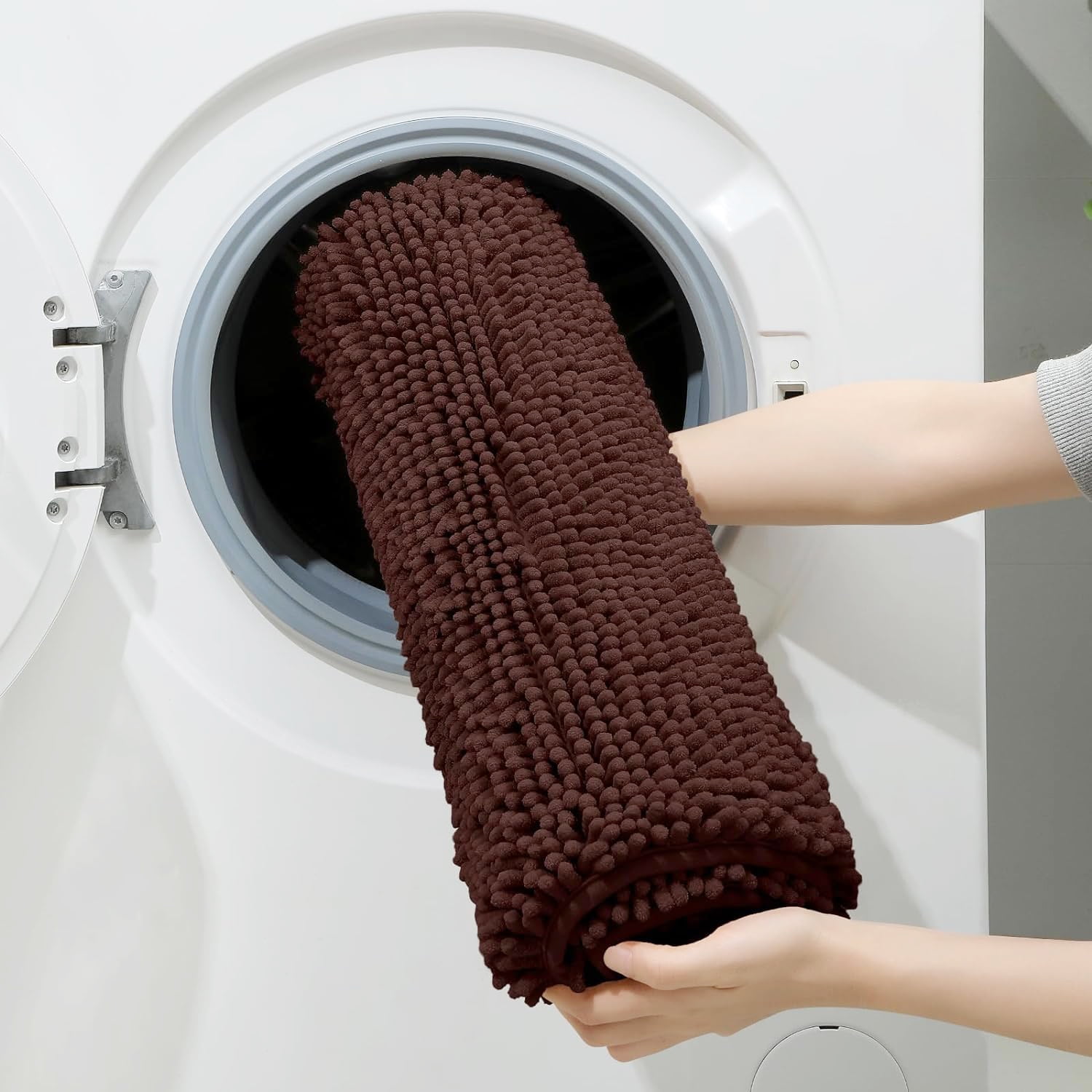 Bathroom Rugs Sets 3 Piece Chenille Bath Rug Non-Slip Bath Mats with Soft Plush PVC Backing Water Absorbent Carpet 1'' Quick Dry Microfiber Toilet Mat, Coffee