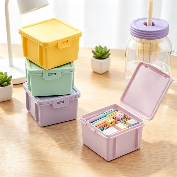 Stackable Desktop Storage Box with Buckled Lid, Mini Plastic Organizer for Office Stationery, Compact Decorations for Holiday Desk, Topliu