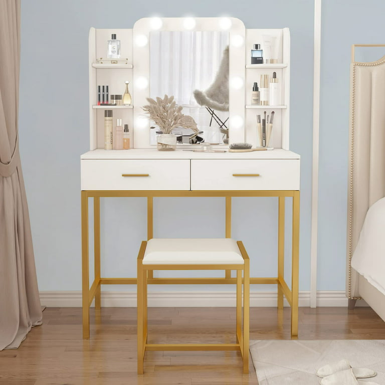 VEANERWOOD Makeup Vanity Table Set 9 Lights 35 Inch Vanity Desk with Drawers  and Storage Shelf, Modern Nordic Large Vanity with Cushioned Stool, Lighted  Mirror Dresser, White 