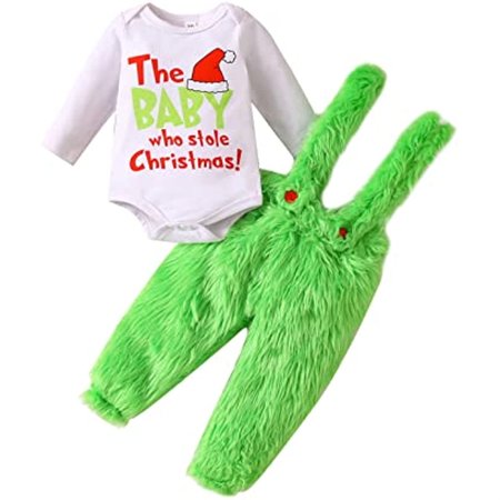 

Blotona Baby Cosutmes Funny Christmas Cosplay Party The Baby Who Stole Christmas Outfit Romper And Furry Pants/Skirt Xmas Gift (Green 0-24 Months )