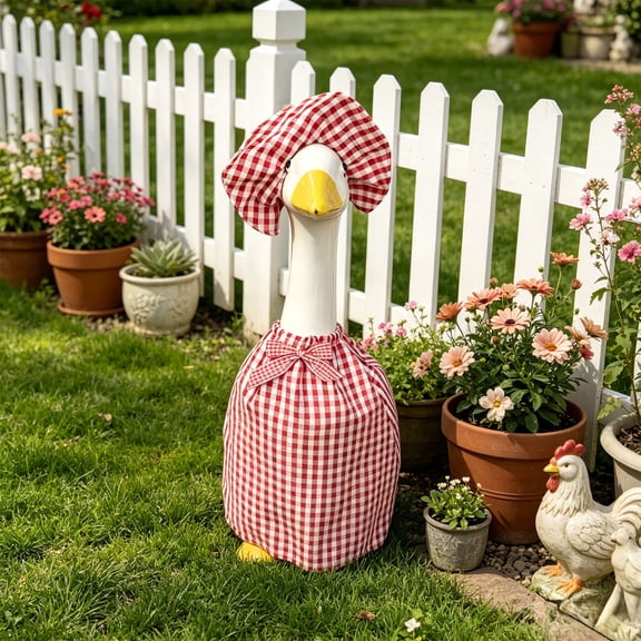 Fmbmuo 23 Inch Porch Goose Checked Dress Set Cottage Style Weatherproof Garden Statue Yard Decor,Red