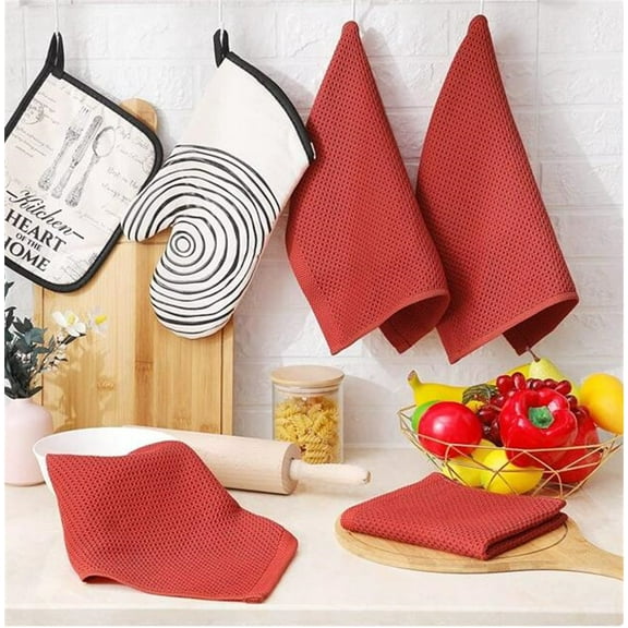 6Pcs Honeycomb Towel Checkered Cotton Kitchen Rags,Towel X6,Cotton Weave Kitchen Dish Cloths Soft Absorbent Quick Drying Dish Towels 12X12 Inches 6 Pack Red
