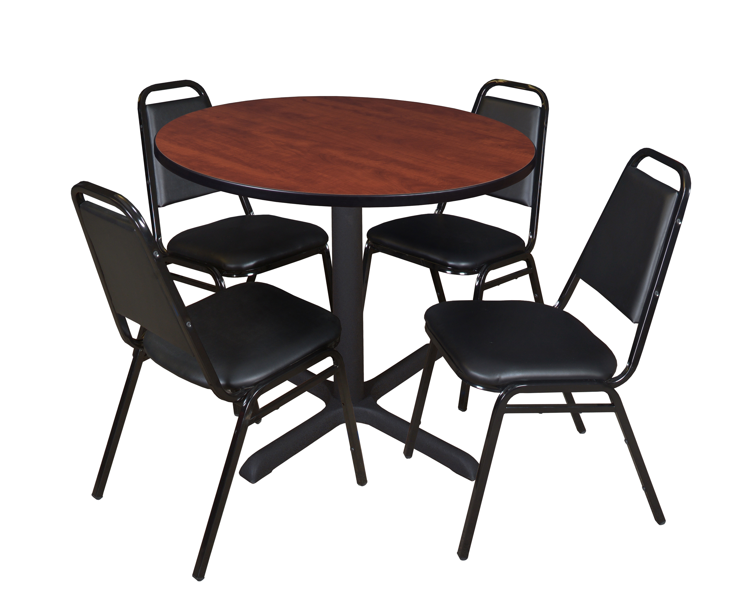 Cain 36" Round Breakroom Table Cherry & 4 Restaurant Stack Chairs