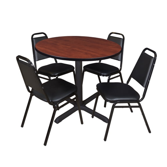 Romig Pillar 36 in. Round X-Base Breakroom Table- Cherry & 4 Restaurant Stack Chairs- Black