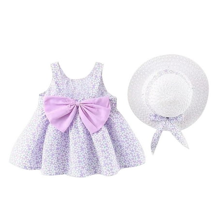 

DNDKILG Toddler Baby Girls 2 Piece Dress and Set Short Sleeve Graphic Outfits Clothes Set Summer with Sun Hat Purple 1Y-2Y 80(7/8)