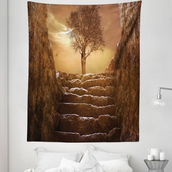 Tree Tapestry, Treet Entrance with Stone Stairs Sun Rays Cloudy Sky Winter Landscape Monochromic View, Fabric Wall Hanging Decor for Bedroom Living Room Dorm, 5 Sizes, Brown, by Ambesonne