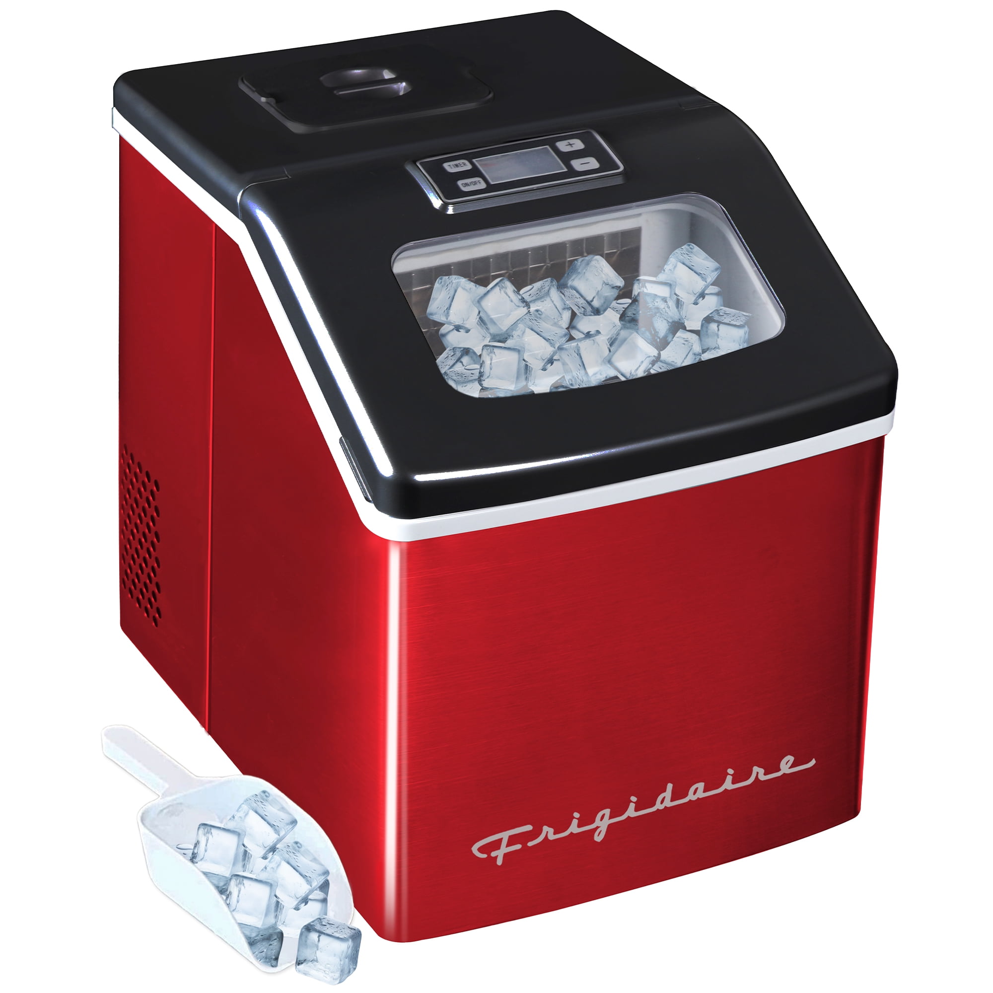 Frigidaire Clear Ice Maker 40 Lbs, Red Stainless Steel Countertop Ice Machine with Square Ice for Home, Kitchen, Office, Bar