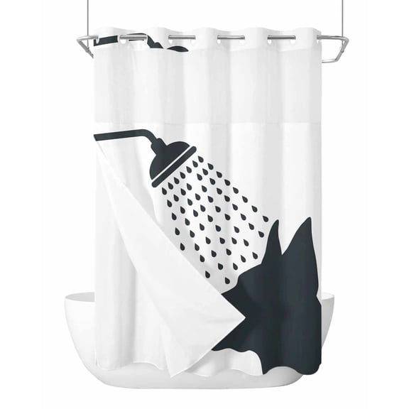 No Hook Shower Curtain with Snap-in Liner, Dogs Showering Waterproof Fabric Bathroom Curtains, Modern Abstract Art Funny Animals Bath Curtains & Mesh Top Window 72"x84" Long