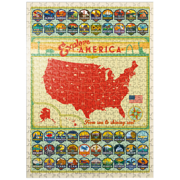 MyPuzzle - Explore America Map: 50 State Emblems, State Pride Vintage Poster - Premium 500 Piece Jigsaw Puzzle for Adults