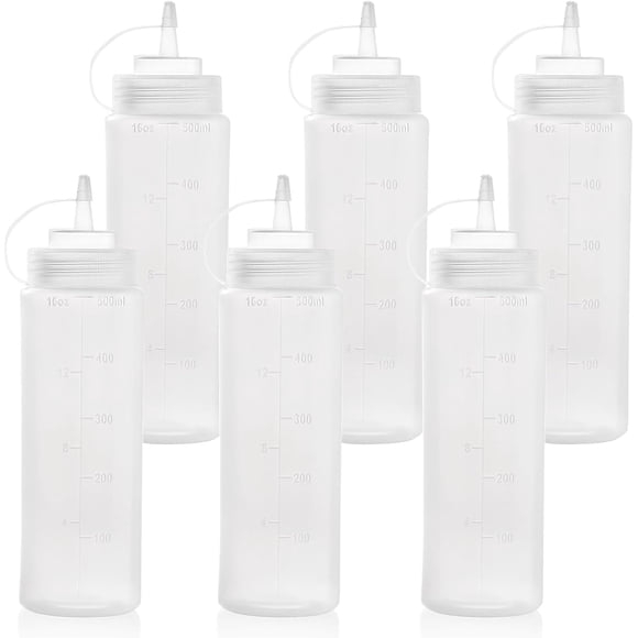 Paquete de 6 Botellas Exprimibles de Condimentos de Doble Escala con Tapas de Rosca y Medición, Dispensador de Contenedor de Aceite de Salsas de Plástico Reutilizable a Prueba de Fugas para Catsup, B