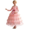 thumbnail image 5 of ZHOGXU Kids Elegant Girls Princess Dress Lightweight Mesh Layered Gown With Long Sleeve Soft Satin Bow Belt Birthday Party Outfit, 5 of 9