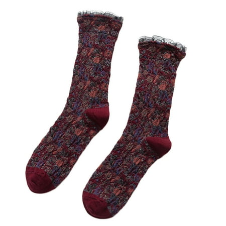 

ZOYONE Women Sweet Ruffle Lace Calf Socks Ethnic Vintage Multicolor Floral Jacquard Harajuku Lolita Kawaii Mid Tube Hosiery