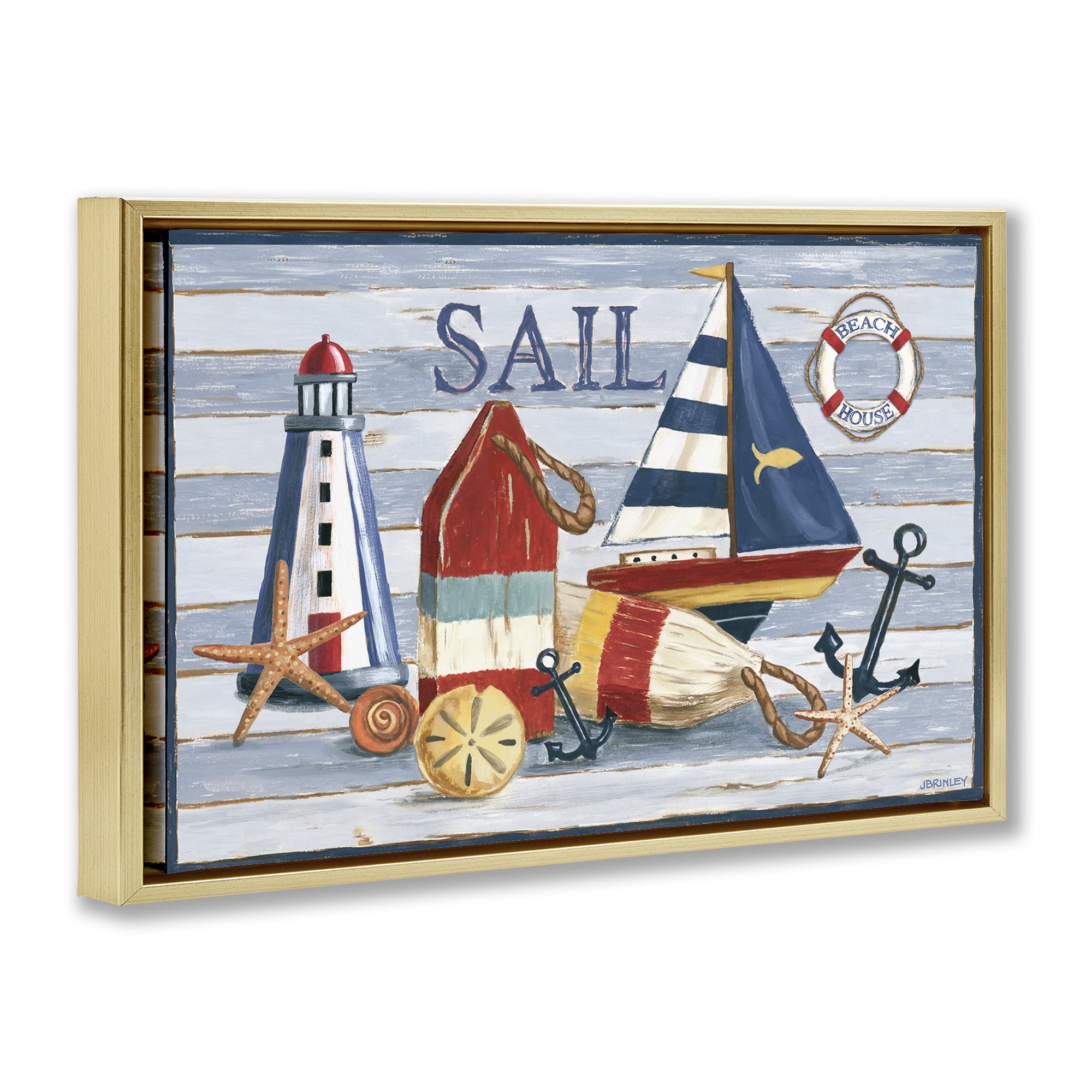 Stupell Industries Striped Nautical Still Life Nautical & Beach Painting Gold Floater Framed Canvas Art Print Wall Art, 25 x 17