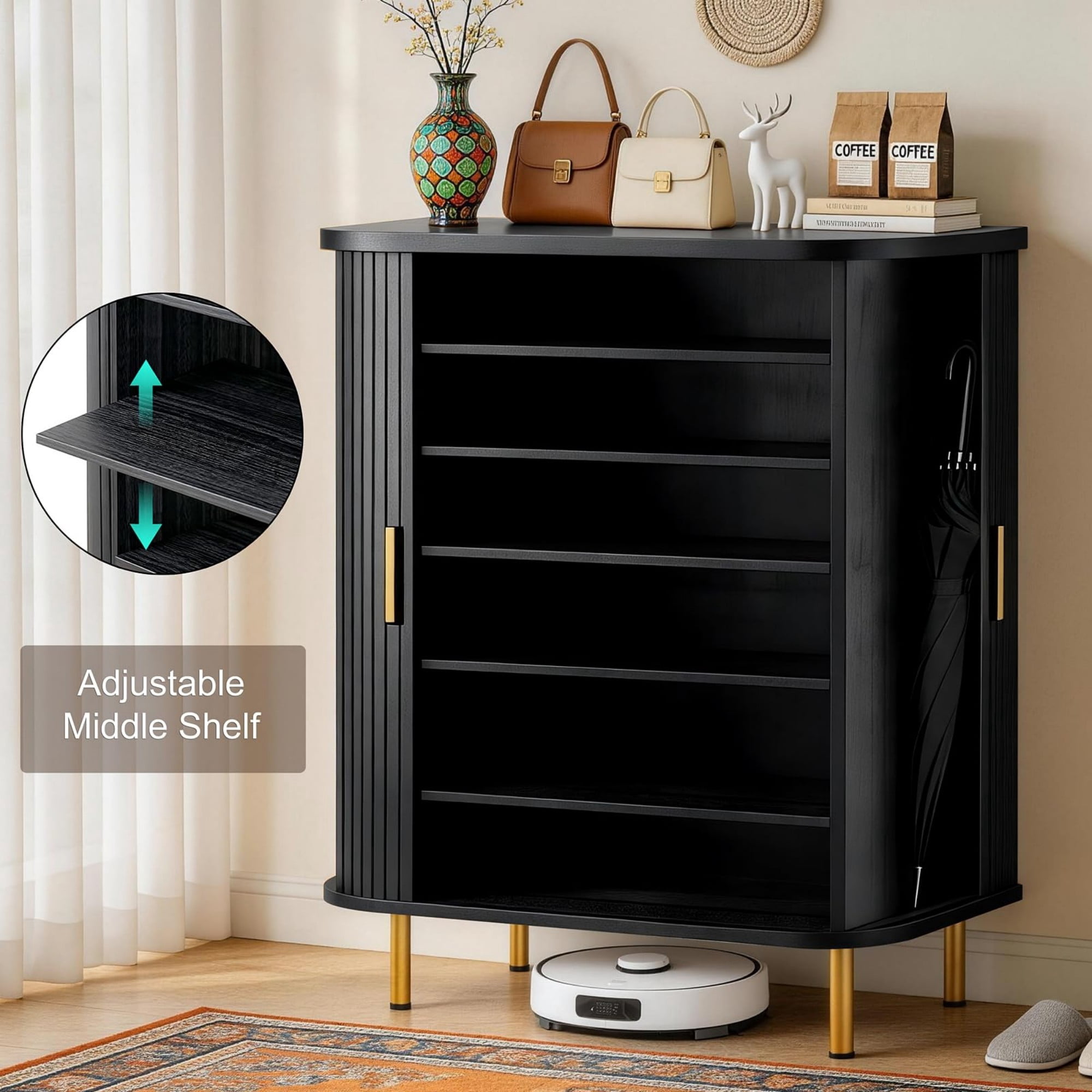 31.5"W Shoe Storage Cabinet with Sliding Door, 6 Tier Adjustable Shoe Rack, Mid Century Modern Entryway Organizer, Black