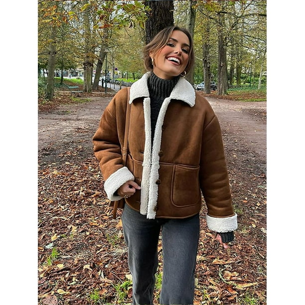 Abrigos de lana de cordero con contraste de una sola botonadura para mujer, chaquetas elegantes con bolsillos de solapa, chaquetas de gran tamaño, ropa de calle elegante de otoño 2024