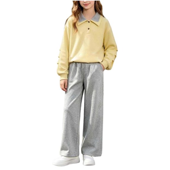 xaoyunyn Wide Leg Pants Set for Girls Casual Button Down Lapel Pleated Long Sleeve Pullover Tops 5-15 Years