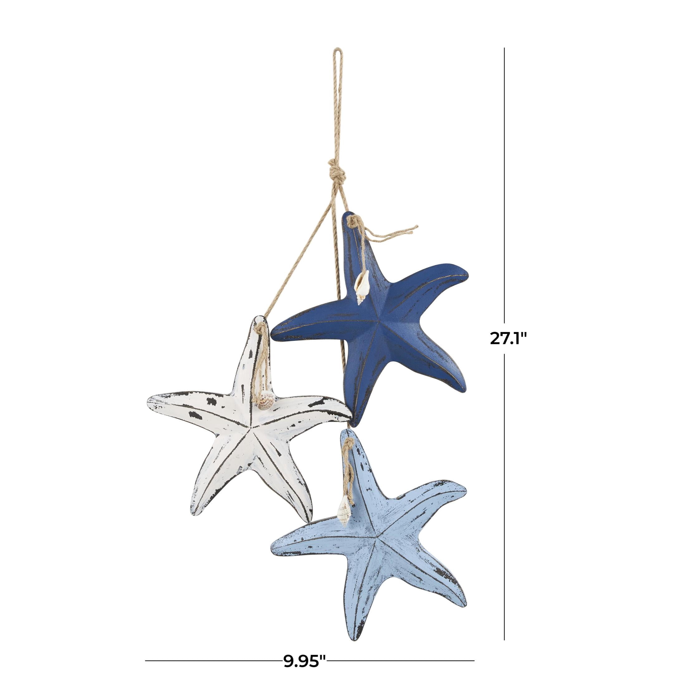DecMode Blue Wooden Distressed Layered Starfish Wall Decor with Hanging Rope and Decorative Shell Accents
