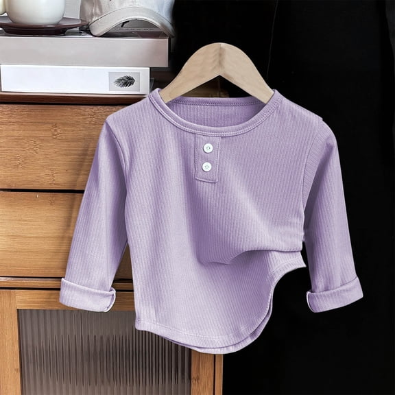 asjyhkr Toddler Boys Girls Button Crew Neck Long Sleeve Undershirts 1-8 Years Solid Color Breathable Thermal Stretch Comforty Running Workout Playing Tops,Size 80-140
